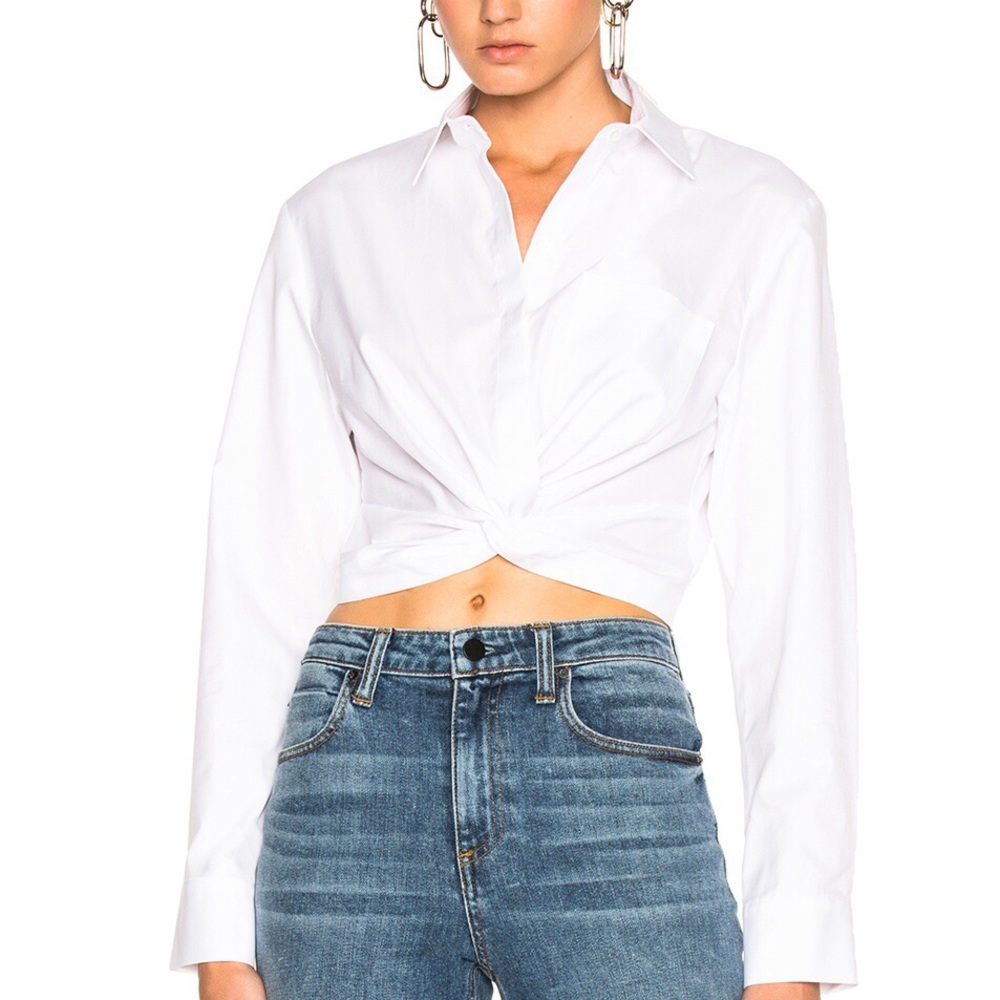 T by Alexander Wang White Twisted Front Crop Button-Up Top